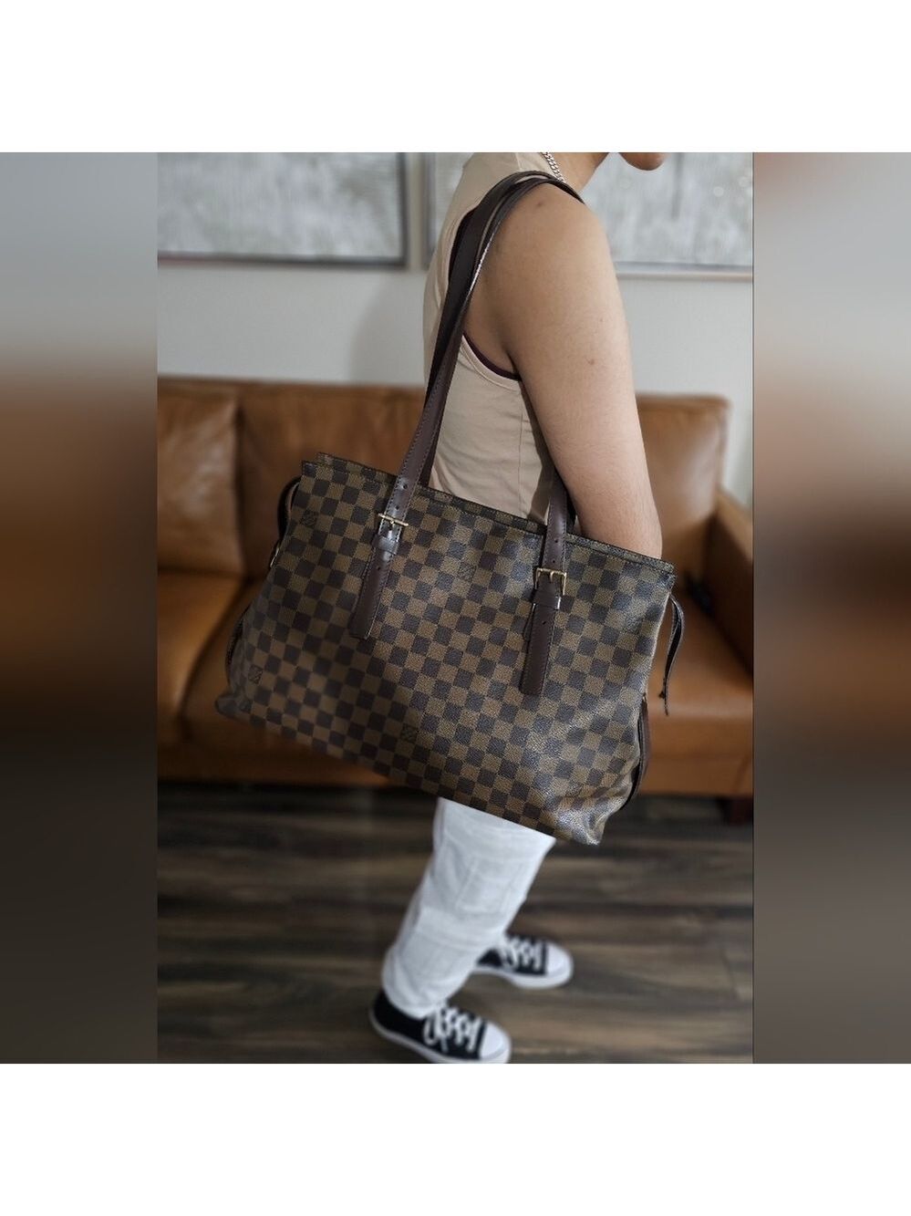 Authentic Louis Vuitton Damier Ebene Large Tote Shoulder Bag